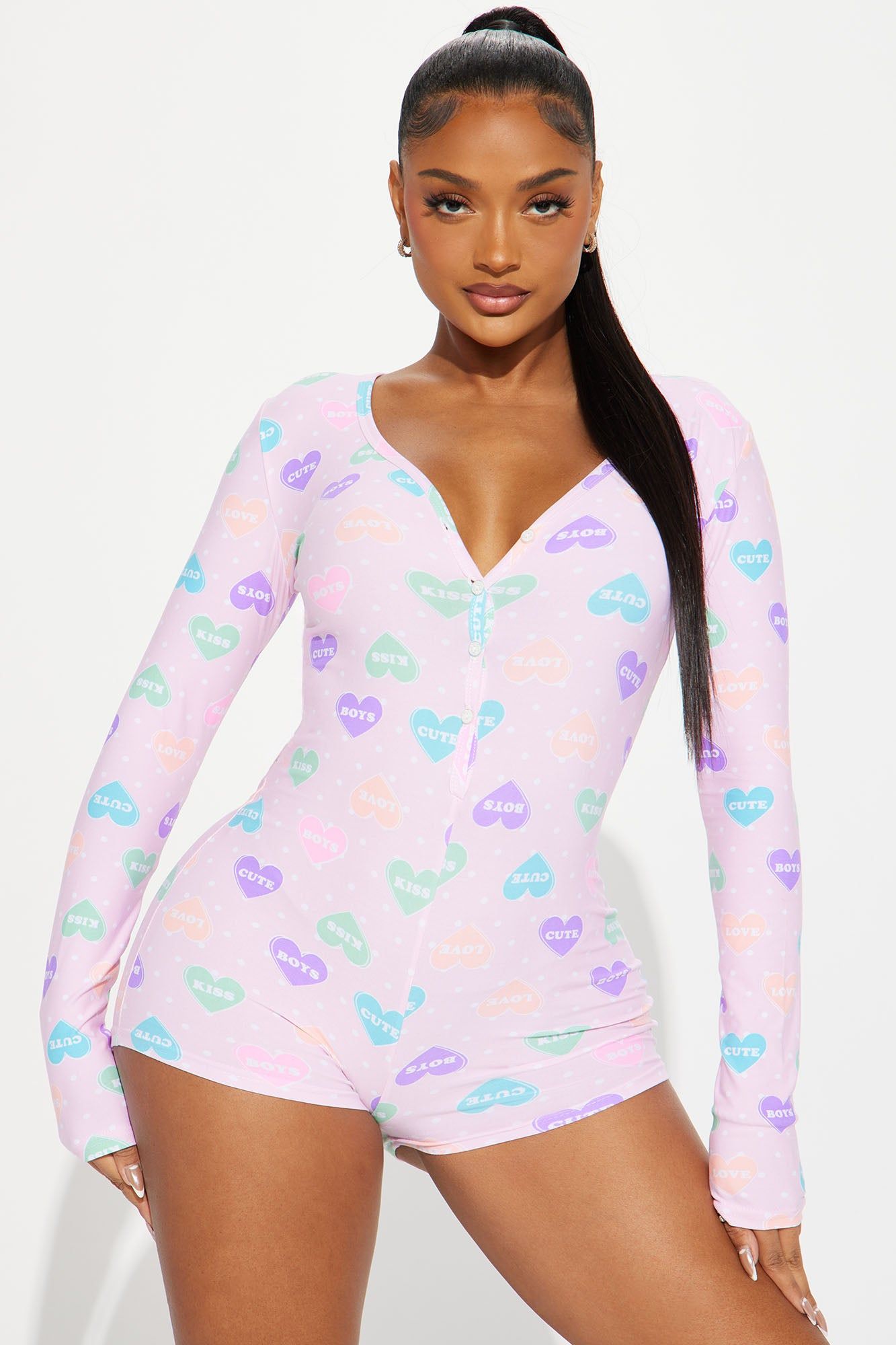Candy Hearts Long Sleeve PJ Romper Onesie - Pink/combo sold by Fashion Nova