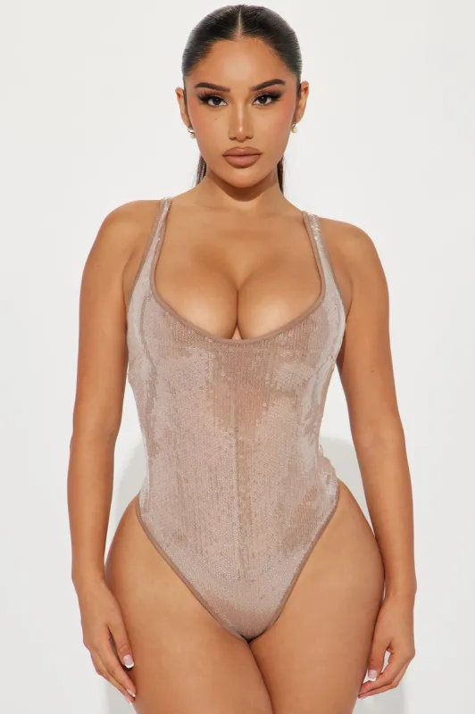 Need To Know Sequin Bodysuit - Beige made by Fashion Nova