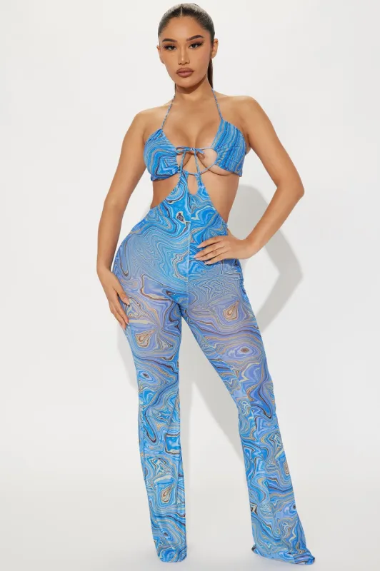 Luxury Villa Mesh Jumpsuit - Blue/combo sold by Fashion Nova