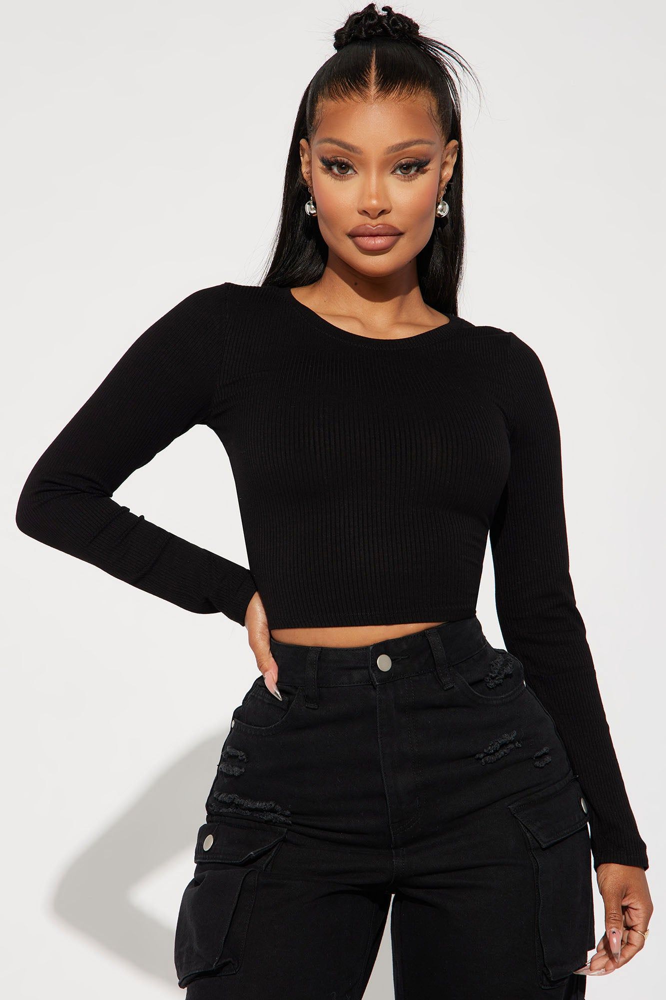 Jaclyn Cropped Long Sleeve Top - Black sold by Fashion Nova