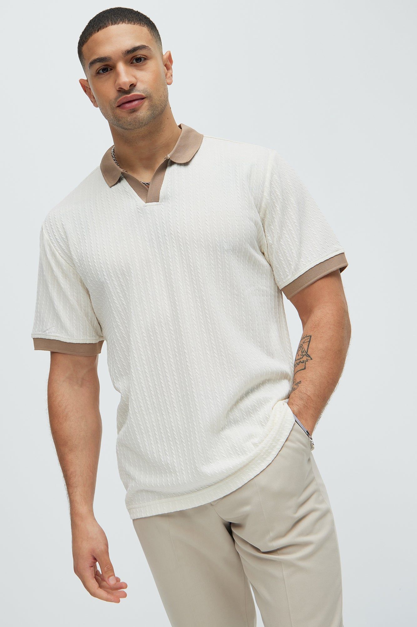 Dog In Me Textured Polo - Off White/combo sold by Fashion Nova
