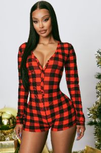 Santa's Baby PJ Romper Onesie - Red/Black sold by Fashion Nova