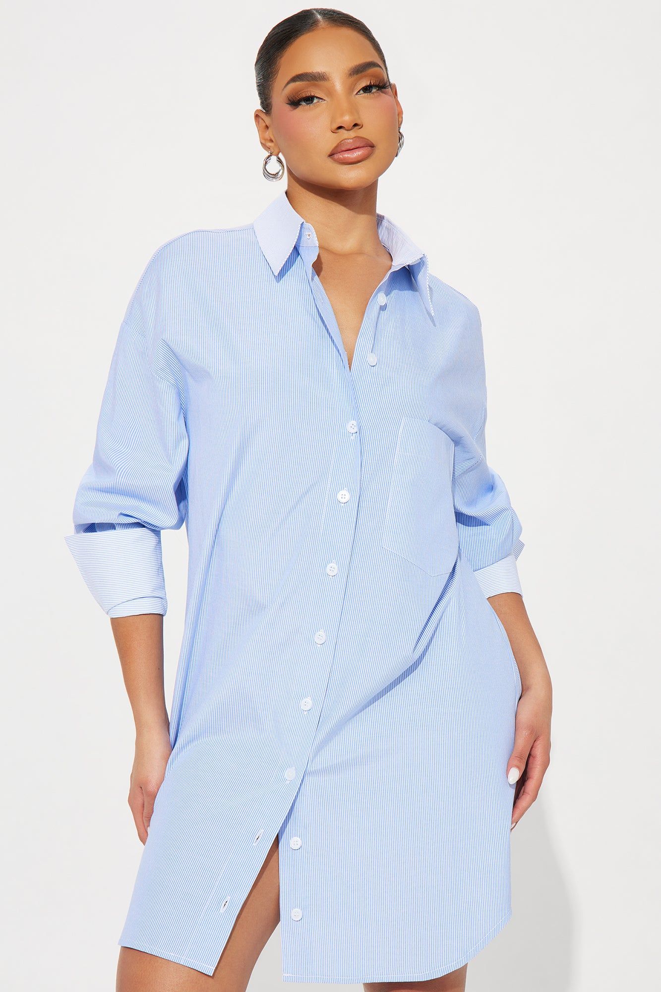 Esmeralda Mini Shirt Dress - Blue sold by Fashion Nova