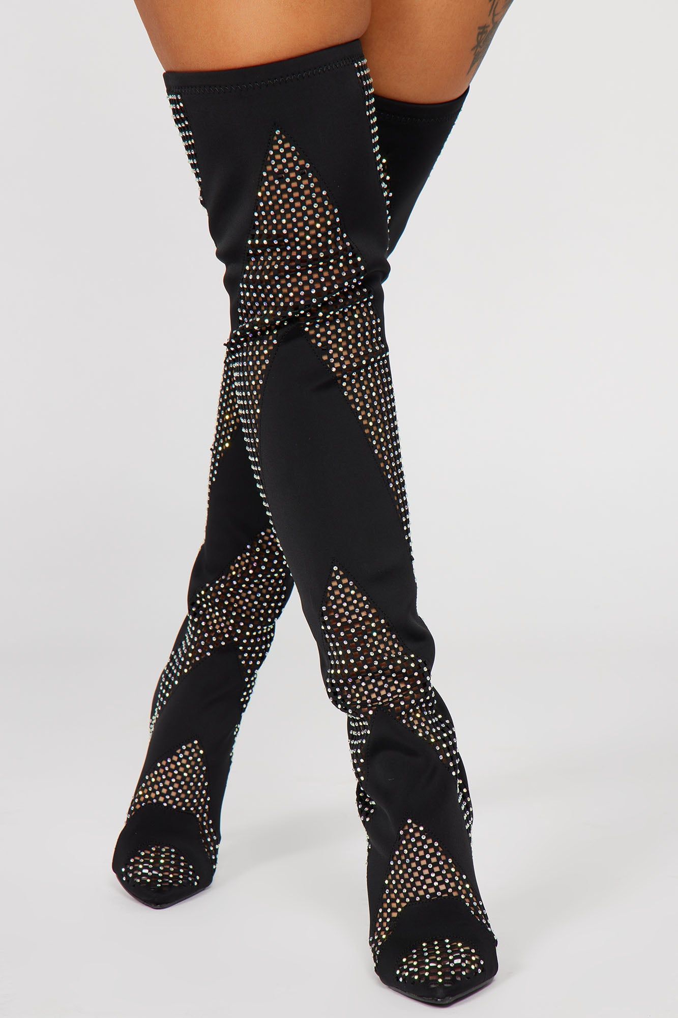 Jordyn Embellished Mesh Over The Knee Boots - Black sold by Fashion Nova