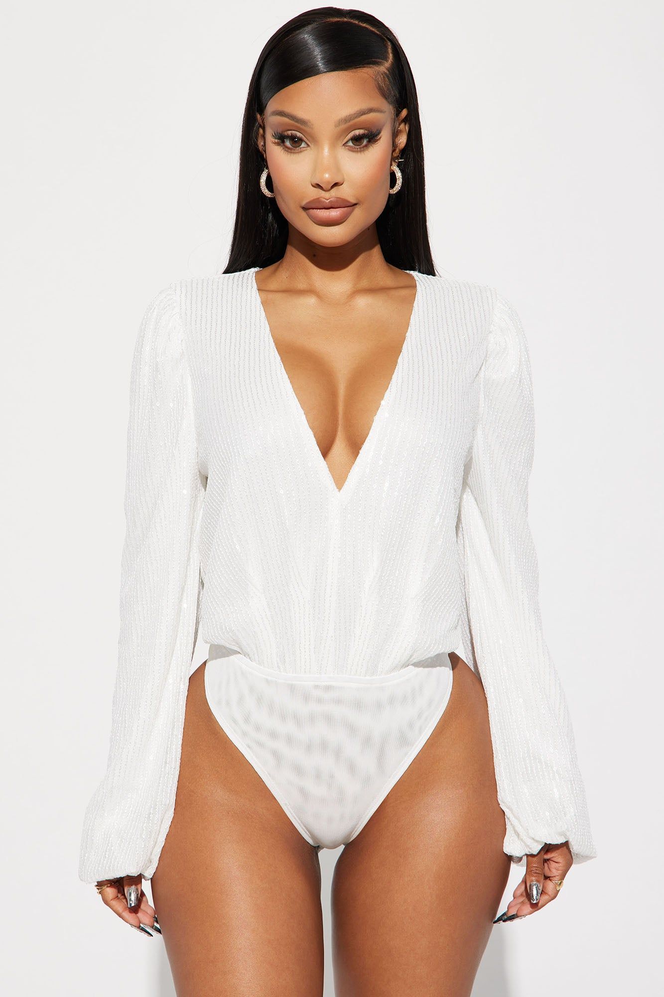 All That Glitters Sequin Bodysuit - White sold by Fashion Nova