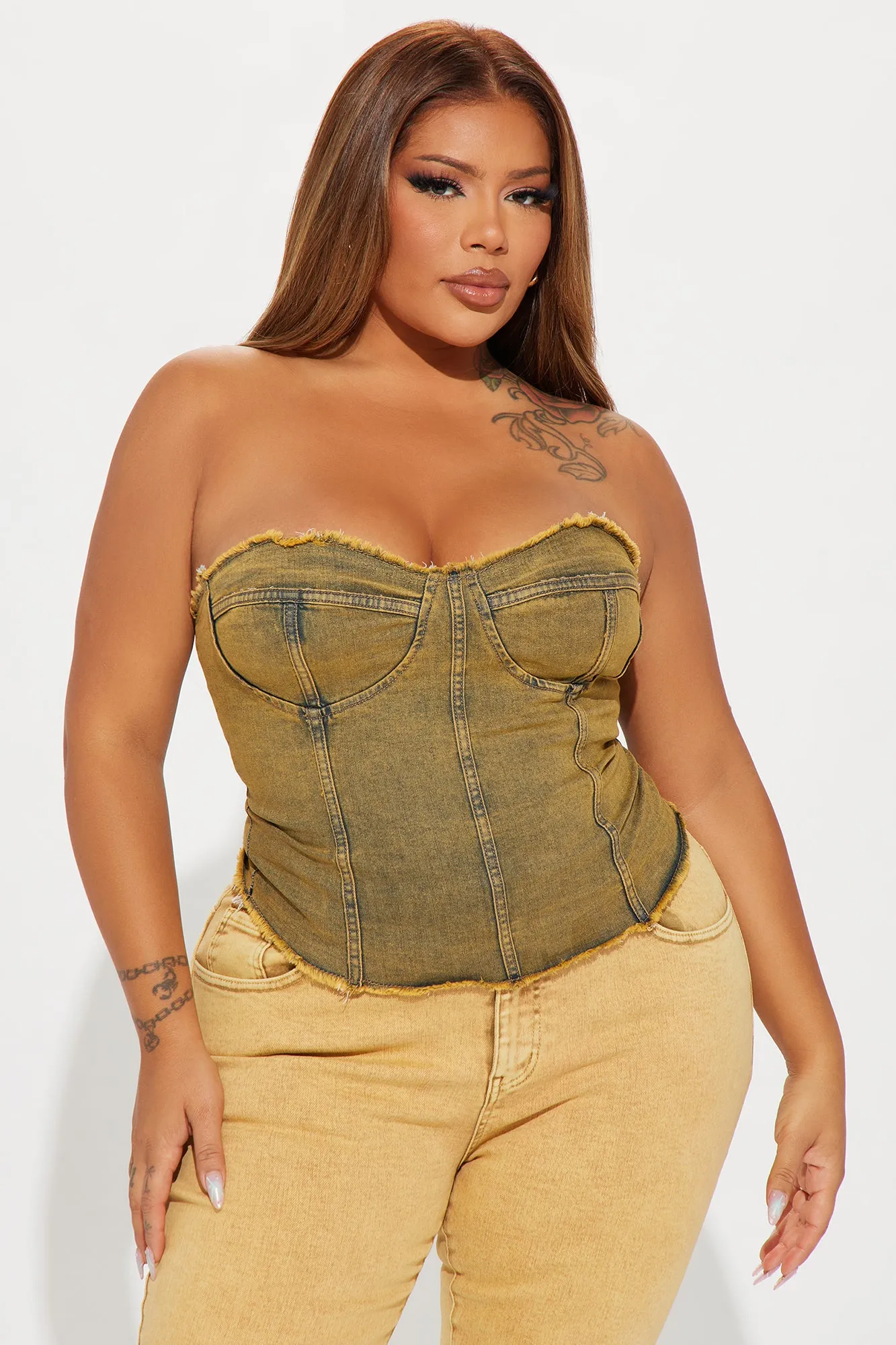 Doing It All Washed Denim Corset Top - Brown/combo sold by Fashion Nova product image thumbnail 4