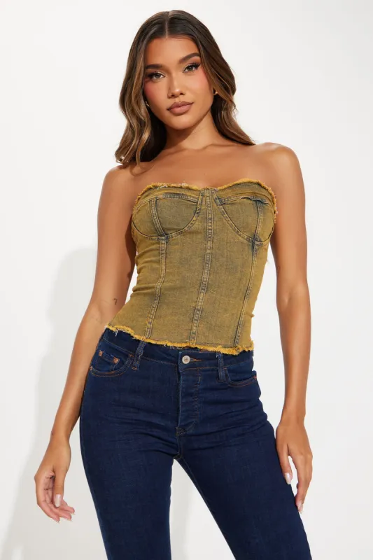 Doing It All Washed Denim Corset Top - Brown/combo sold by Fashion Nova