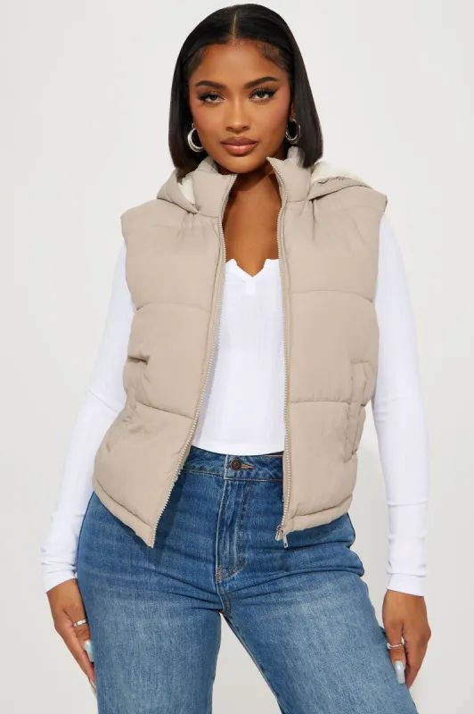 Airport Stops Puffer Vest - Khaki sold by Fashion Nova