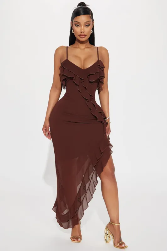 Kristi Ruffle Maxi Dress - Chocolate sold by Fashion Nova