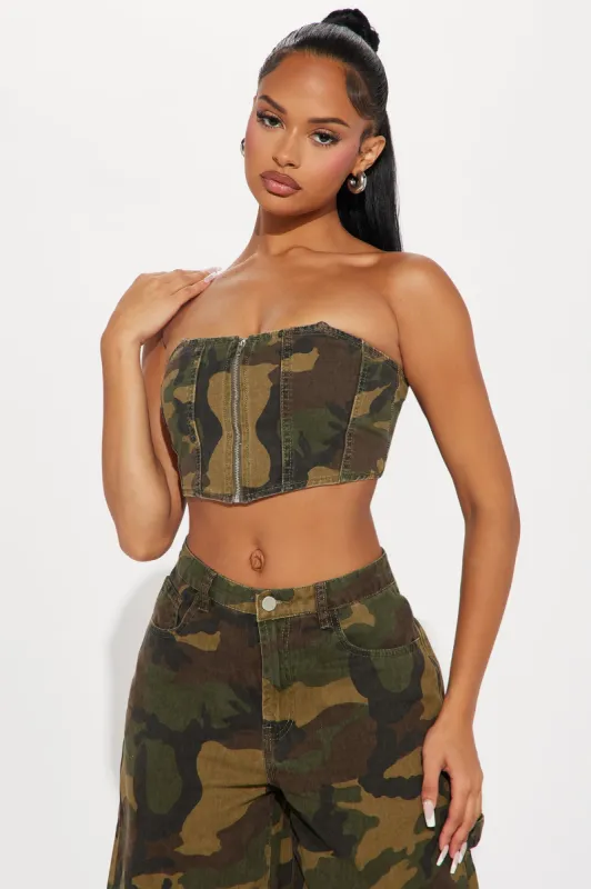 Under Control Camo Corset Top - Olive/combo sold by Fashion Nova