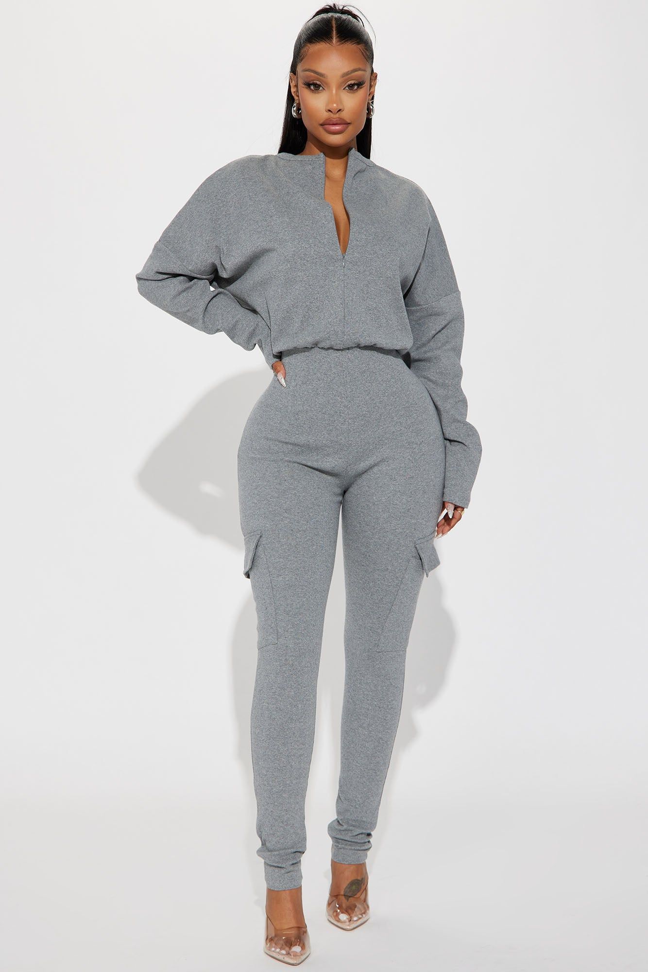 Airport Lounging Jumpsuit - Heather Grey sold by Fashion Nova