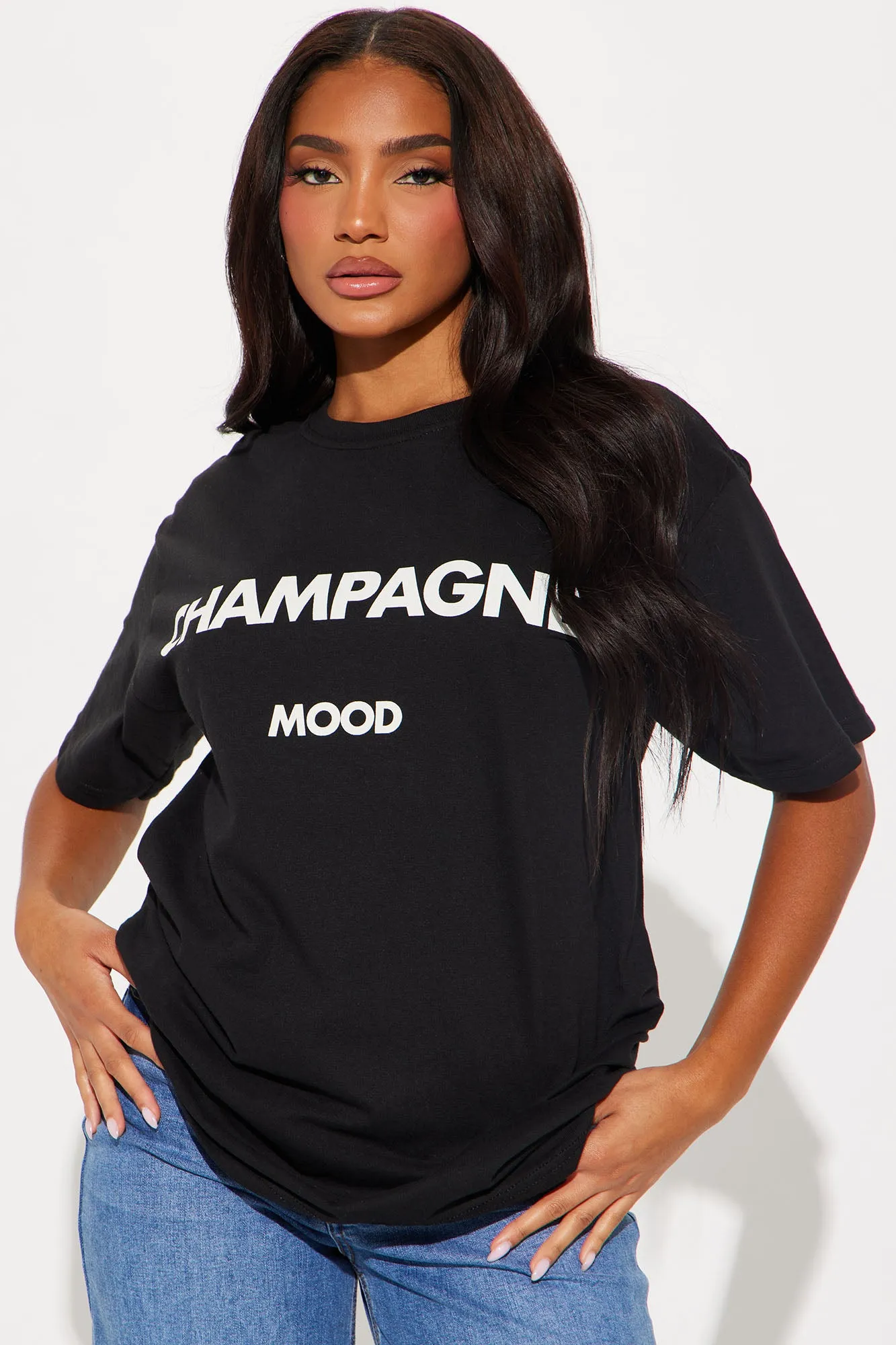 Champagne Mood Oversized Tee - Black sold by Fashion Nova