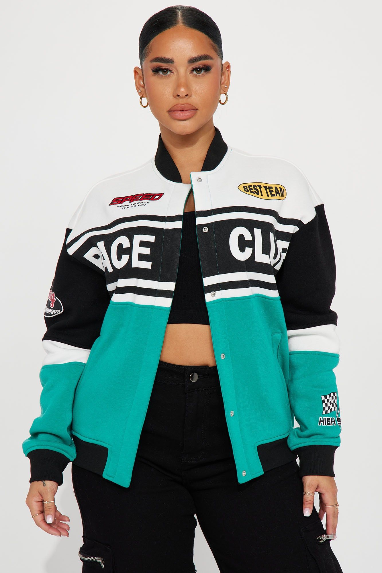 Start Your Engines Bomber Jacket - Green/combo sold by Fashion Nova