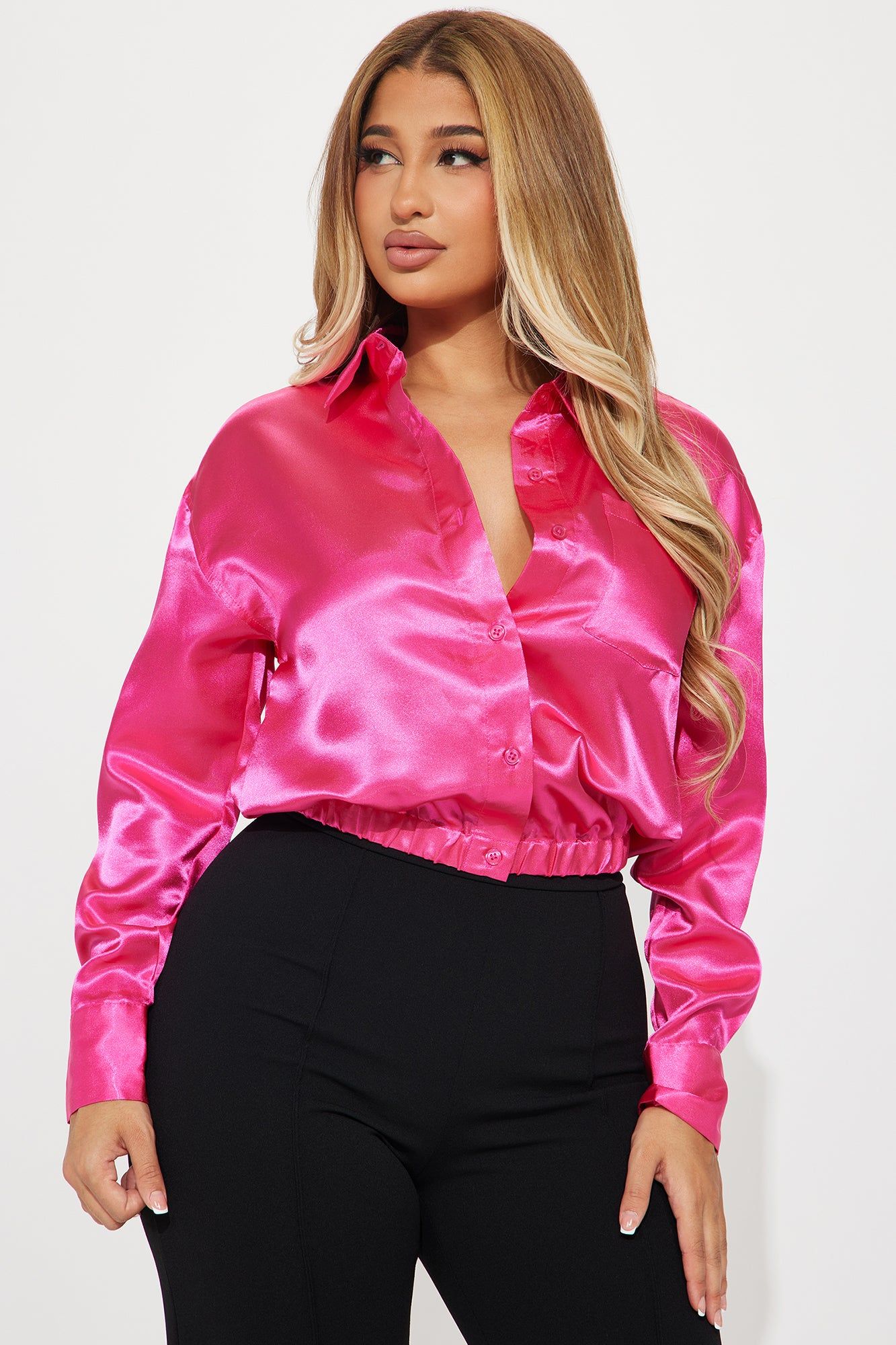 Katana Satin Shirt - Fuchsia sold by Fashion Nova