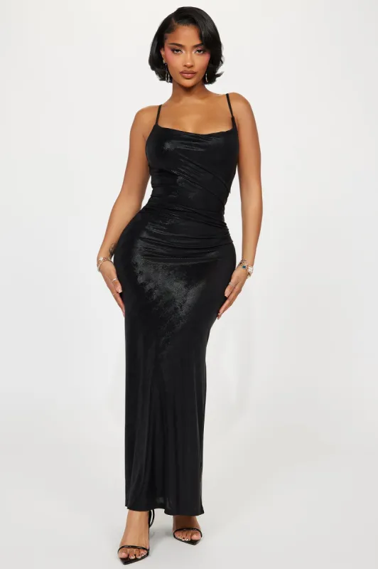 Metallic Midnight Maxi Dress - Black sold by Fashion Nova