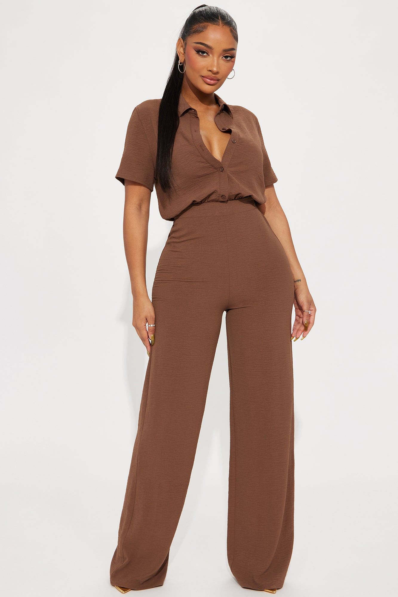Makenzie Short Sleeve Jumpsuit - Chocolate sold by Fashion Nova