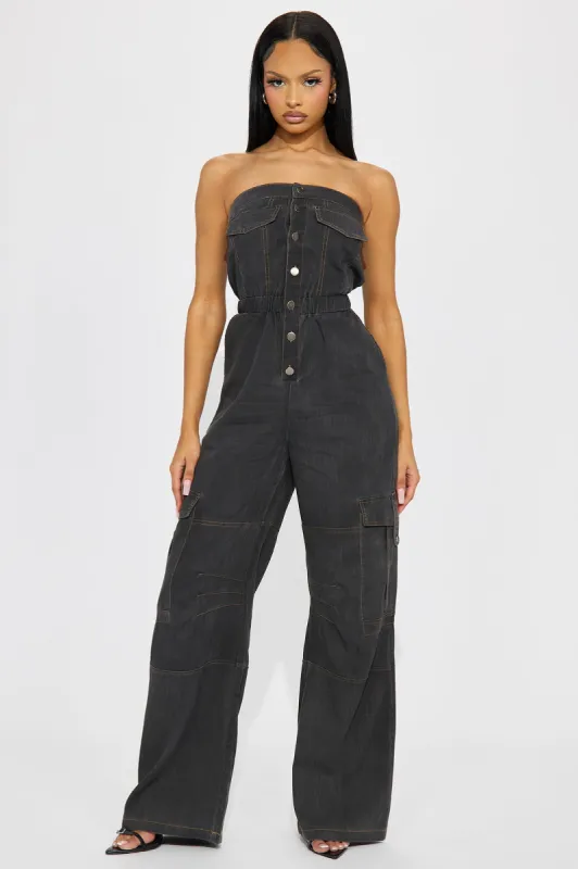Just A Crush Jumpsuit - Charcoal sold by Fashion Nova