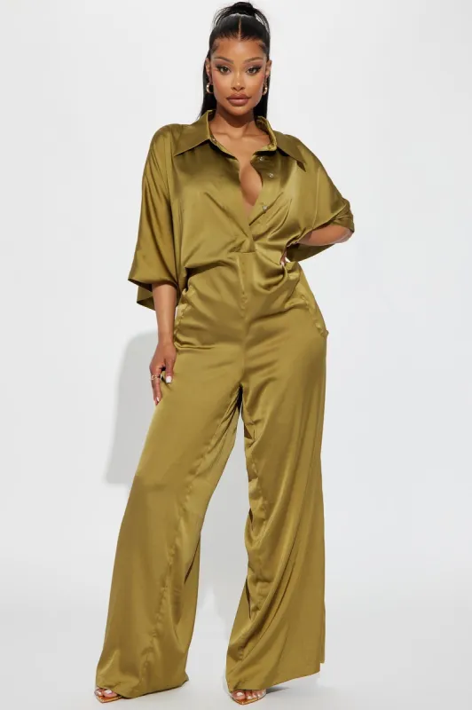 Make It Count Satin Jumpsuit  - Olive sold by Fashion Nova