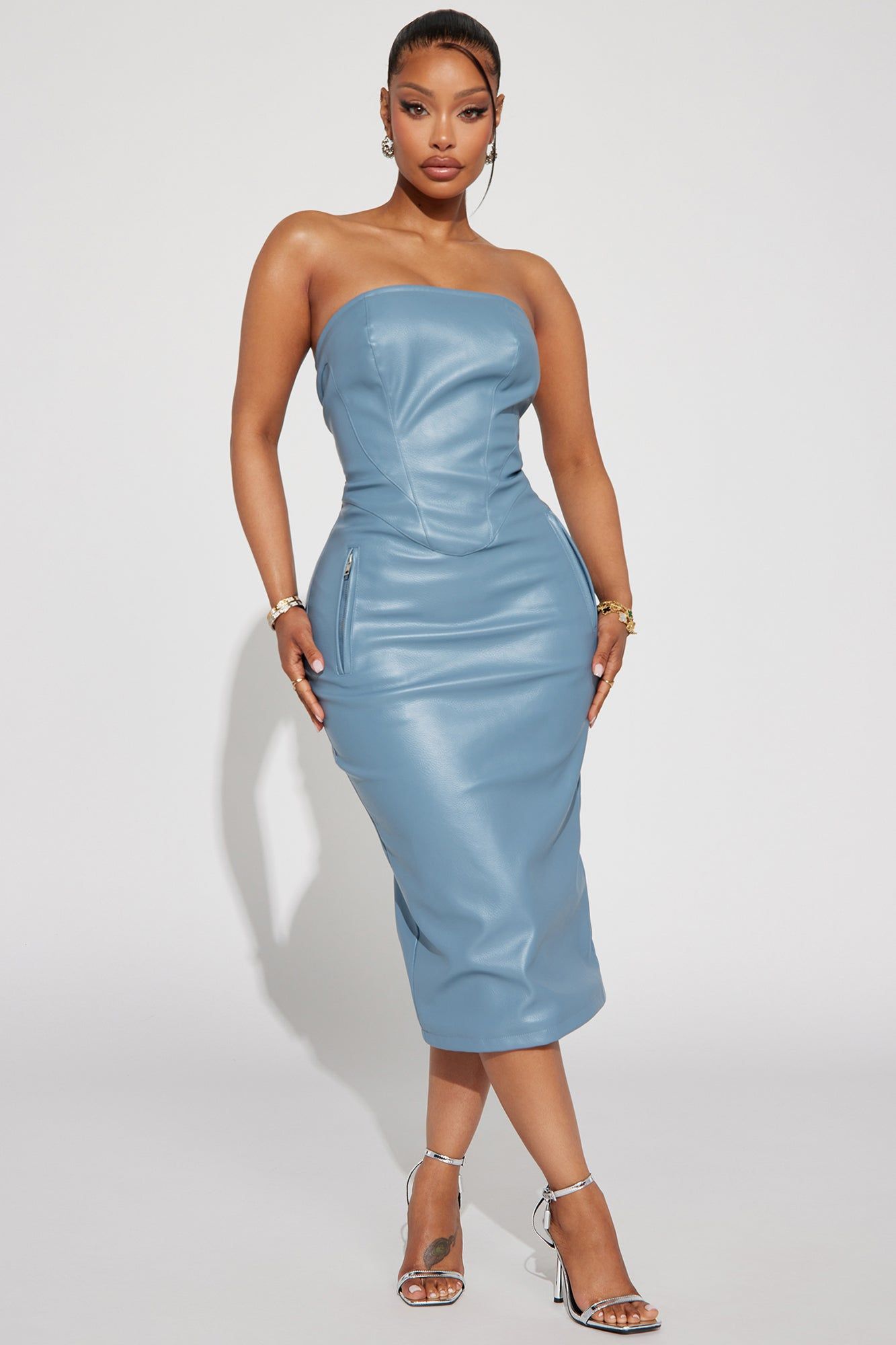 mare mare faux-leather strapless slim midi dress Mare Faux Leather Strapless Slim Midi Dress
