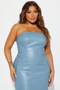 Harley Strapless Faux Leather Midi Dress - Dusty Blue sold by Fashion Nova