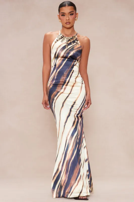 Mia Satin Printed Maxi Dress - Brown/combo sold by Fashion Nova