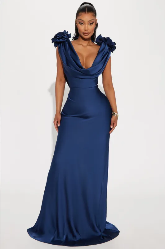 Positano Cowl Neck Satin Maxi Dress - Navy sold by Fashion Nova