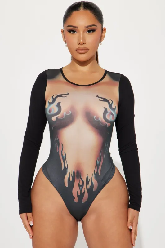 Burning Hot Long Sleeve Bodysuit - Black/combo sold by Fashion Nova