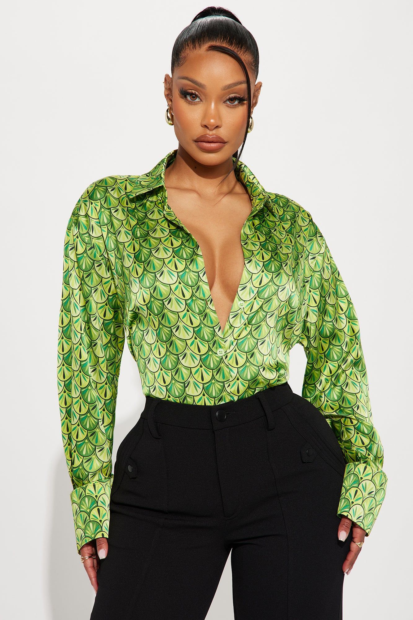 Money Tree Satin Shirt - Green/combo sold by Fashion Nova