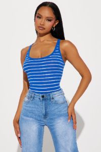 Sasha Striped Bodysuit - Royal/combo sold by Fashion Nova