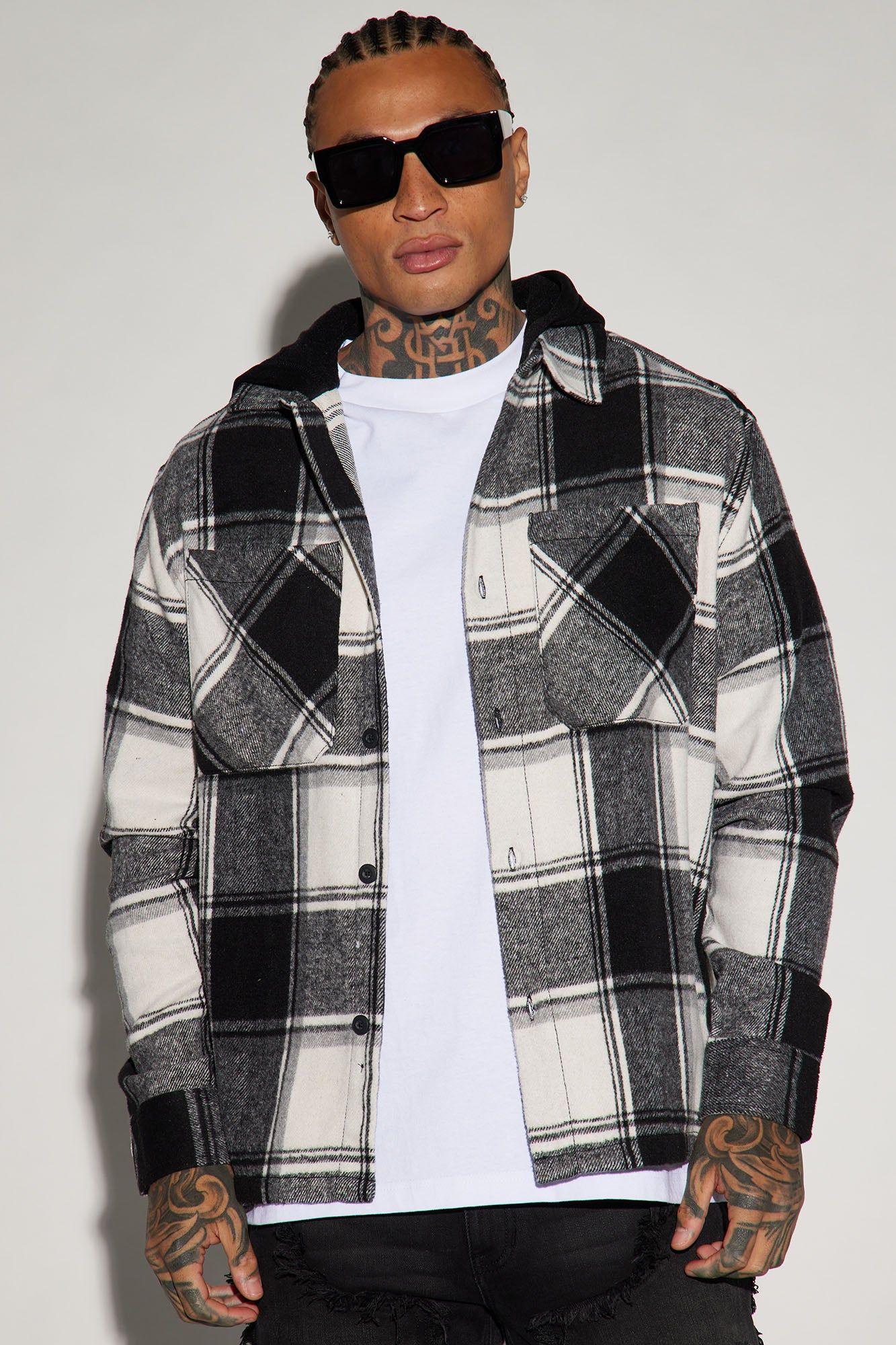 Late Night Hooded Flannel Shacket - Black/combo sold by Fashion Nova