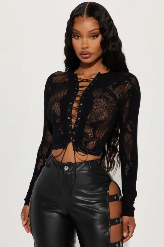 She's Iconic Lace Up Top - Black sold by Fashion Nova