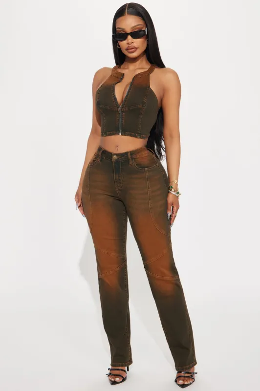 Passing Through Stretch Straight Leg Jeans - Brown sold by Fashion Nova