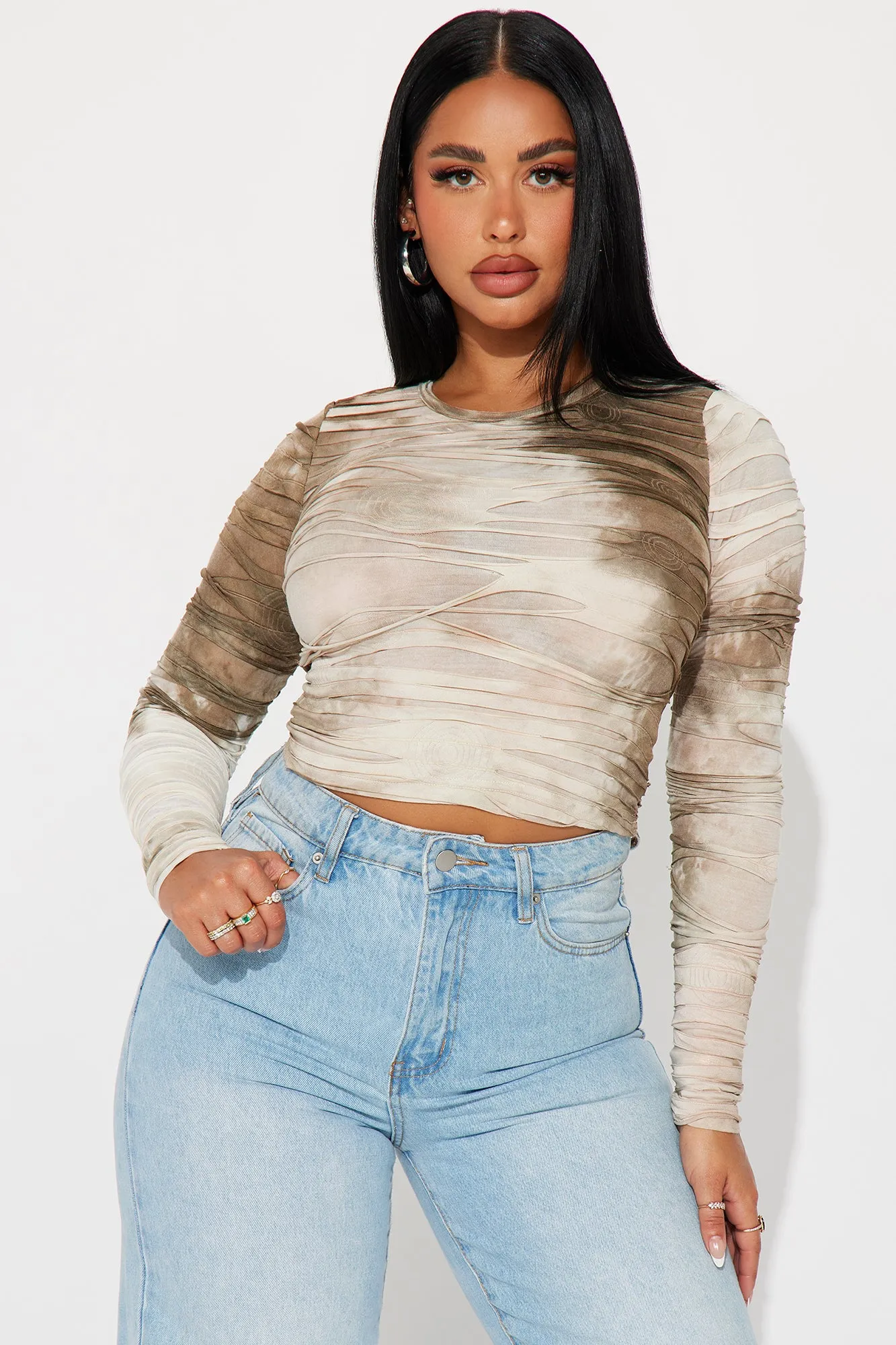 Dangerously In Love Distressed Top - Taupe/combo sold by Fashion Nova