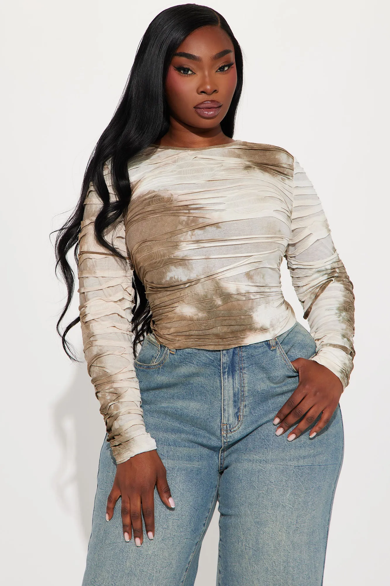 Dangerously In Love Distressed Top - Taupe/combo sold by Fashion Nova product image thumbnail 4