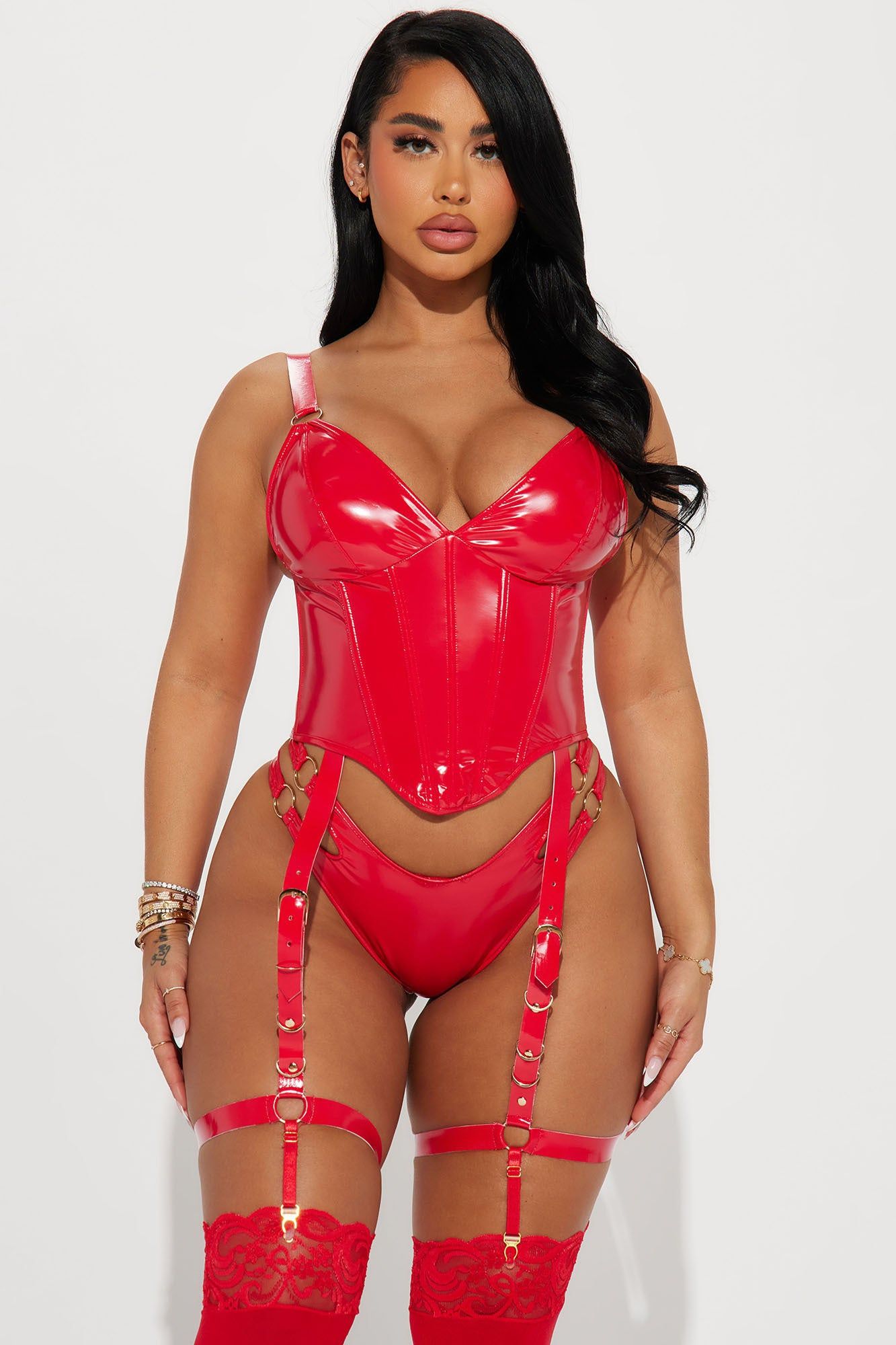 Secretly Naughty Vinyl Strappy 2 Piece Set - Red sold by Fashion Nova