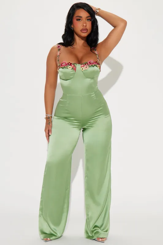 Evelyn Satin Jumpsuit - Sage sold by Fashion Nova