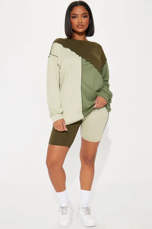 No Drama Long Sleeve Short Set - Olive/combo sold by Fashion Nova