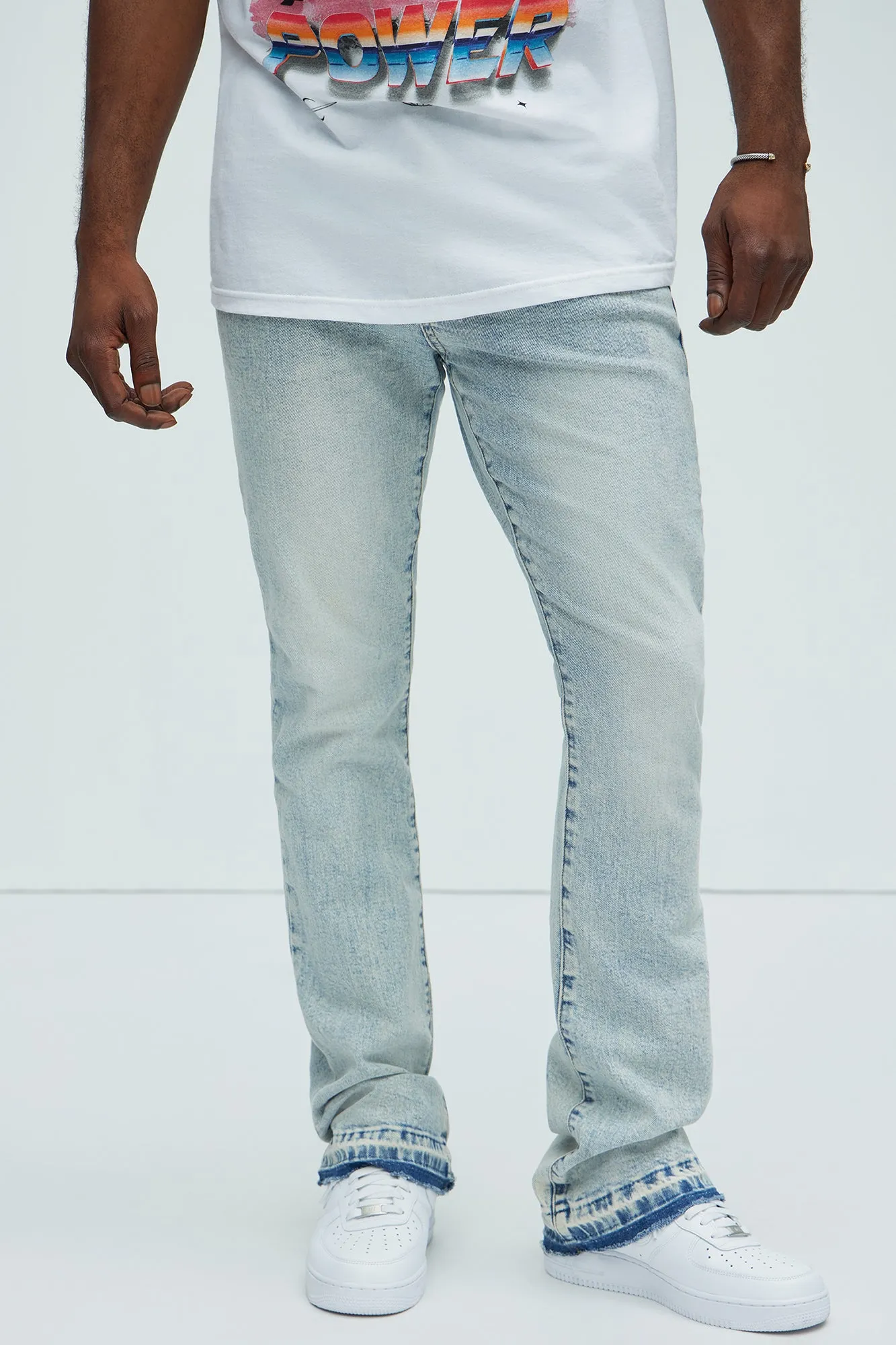 Cornell Stacked Skinny Flare Jeans - Bleach Blue Wash sold by Fashion Nova