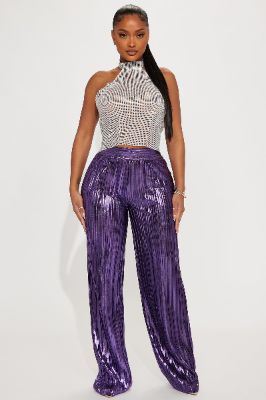 Party Up Metallic Plisse Pant - Purple sold by Fashion Nova