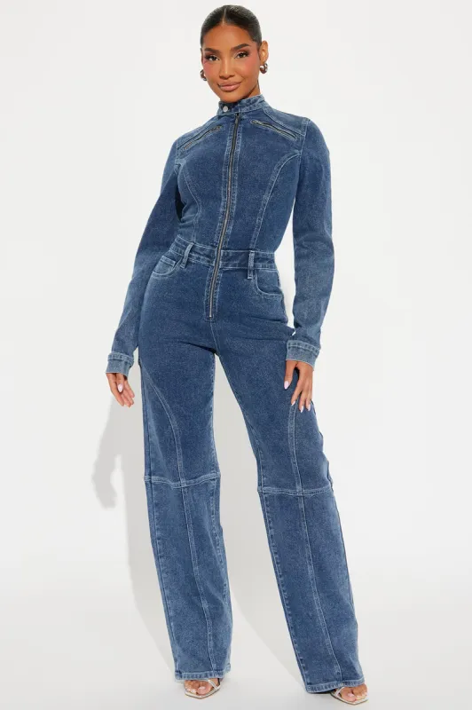 Mistaken Moments Denim Jumpsuit - Dark Wash sold by Fashion Nova