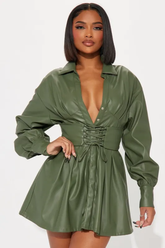 Bianca Faux Leather Mini Dress - Olive sold by Fashion Nova
