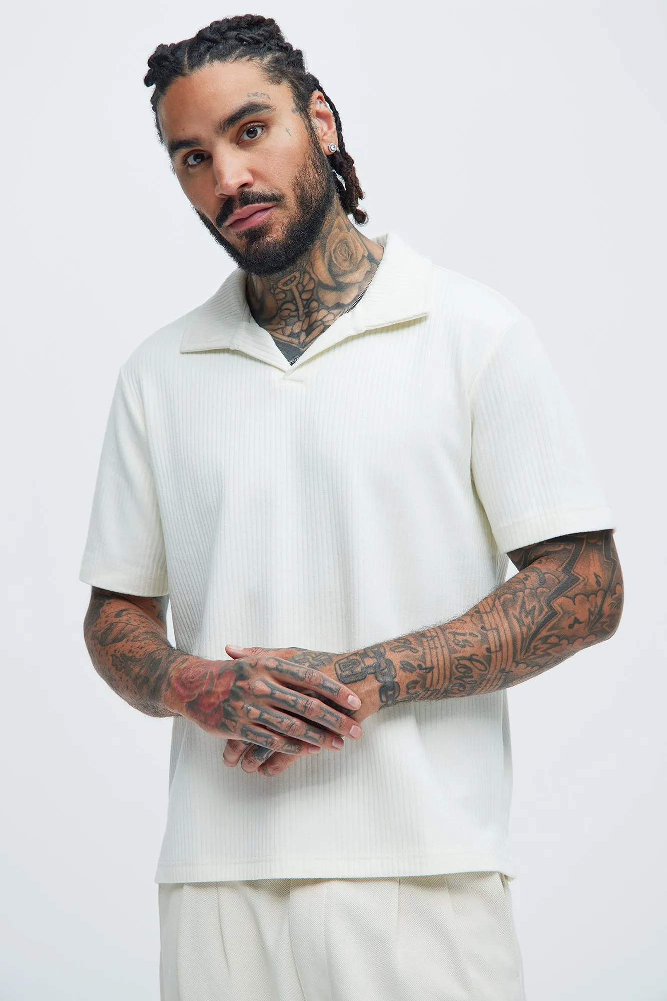 Franklin Stripe Knit Johnny Collar Shirt - Cream sold by Fashion Nova