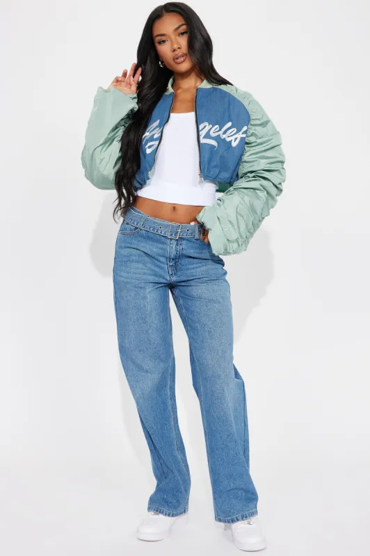 LA Dreamin' Cropped Bomber Jacket - Blue/combo sold by Fashion Nova