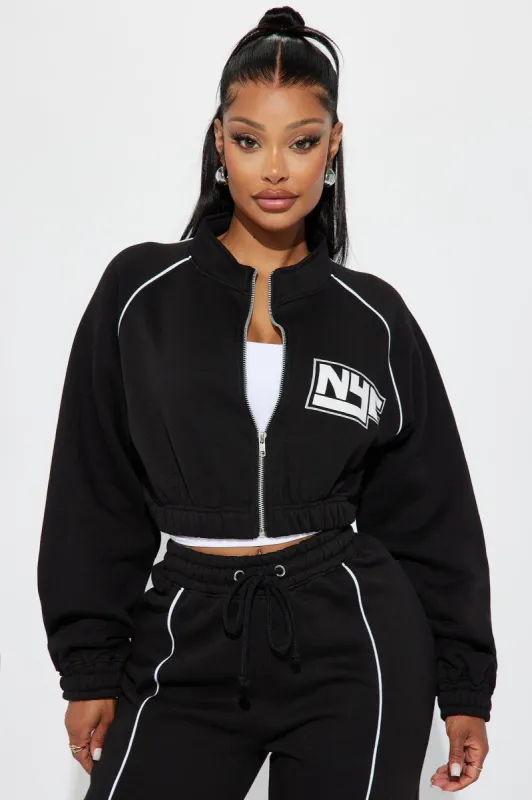 NYC Contrast Piping Cropped Sweatshirt - Black made by Fashion Nova
