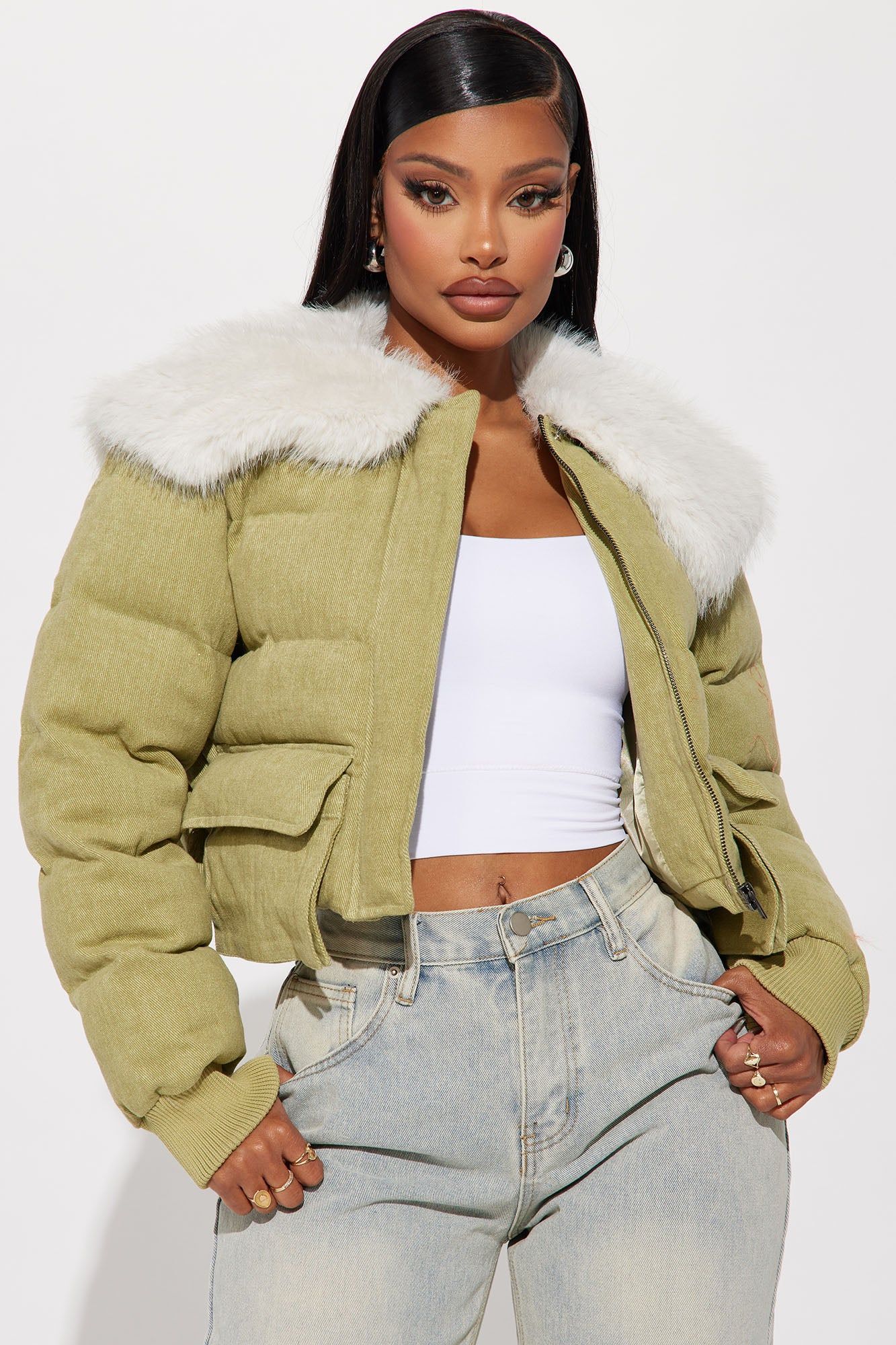 Ella Bomber Jacket - Olive sold by Fashion Nova