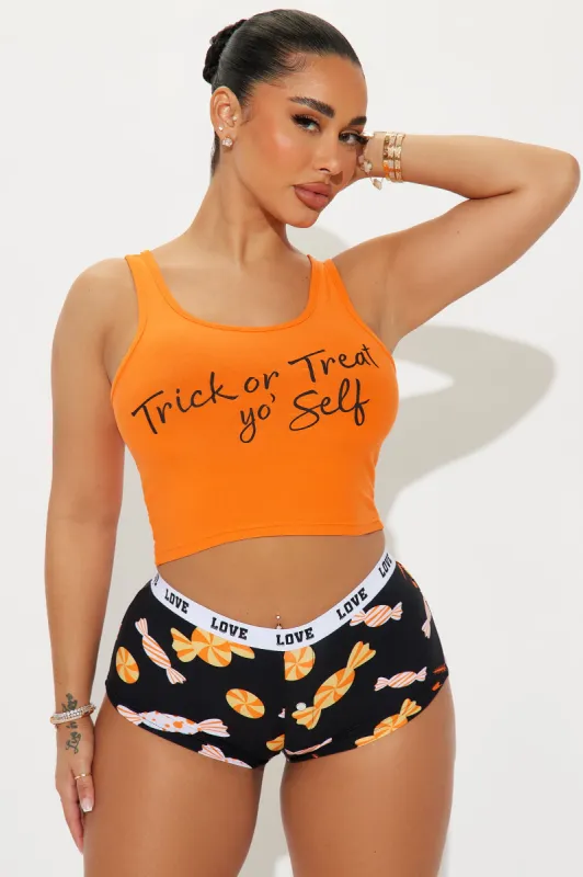 Trick Or Treating Myself Halloween PJ Set - Orange/combo sold by Fashion Nova