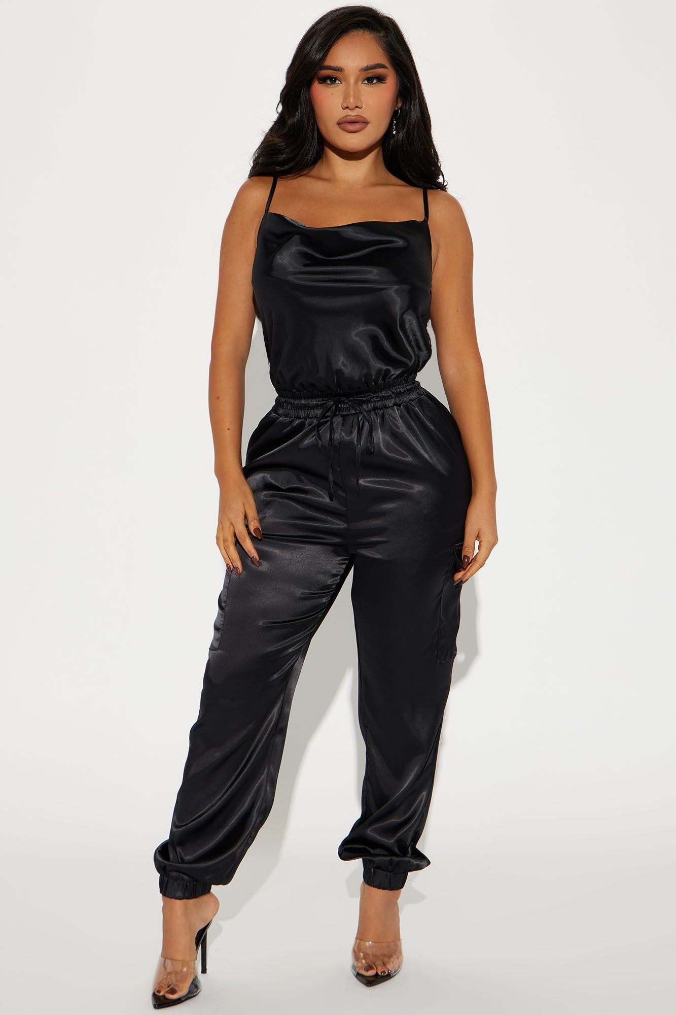 Keep Me Near Satin Jumpsuit - Black sold by Fashion Nova