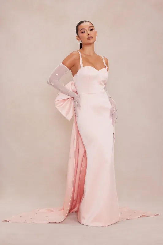 Olivia Satin Bow Gown - Blush sold by Fashion Nova
