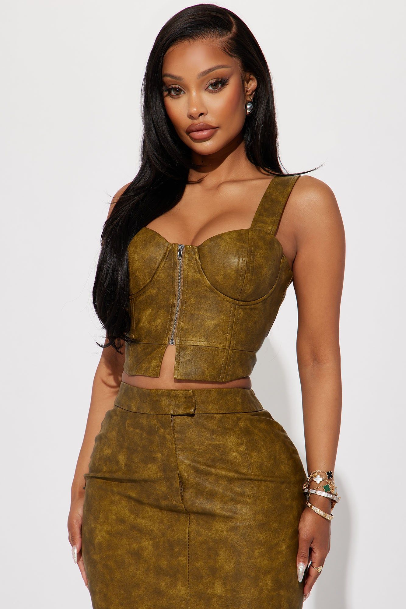 Carry It Well Washed Faux Leather Corset Top - Olive sold by Fashion Nova
