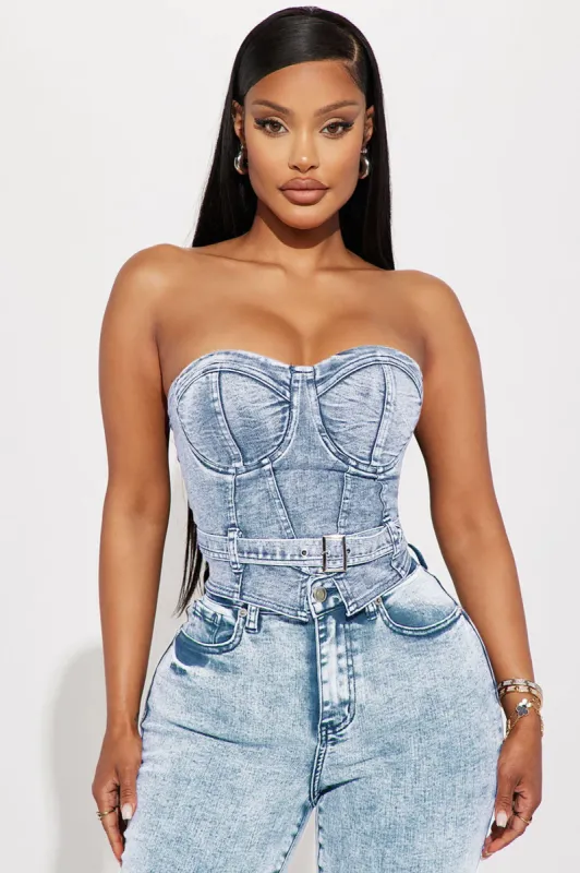 No Invite Denim Corset Top - Light Wash sold by Fashion Nova